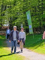 Bild - Eine Gruppe von Menschen spaziert auf einem schmalen Weg durch einen grünen Park. Im Hintergrund sind Bäume zu sehen, und einige Personen gehen in unterschiedliche Richtungen. Es ist ein sonniger Tag, und die Szene vermittelt eine entspannte Atmosphäre.