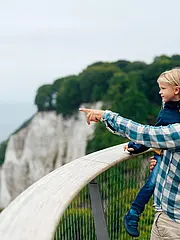 Bild - Ein Vater hält sein Kind auf dem Arm und deutet auf die Küste mit weißen Klippen. Im Hintergrund sind weitere Kinder und die grüne Landschaft zu sehen. Die Szenerie vermittelt einen Eindruck von Familientreffen in der Natur.