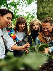 Eine Frau zeigt einer Familie, bestehend aus einer Mutter, einer Tochter und einem Vater, etwas im Freien. Alle bücken sich, um zu beobachten, was die Frau ihnen präsentiert. Die Umgebung ist grün und von Bäumen umgeben, was eine natürliche Atmosphäre schafft.