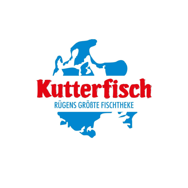 Logo von Kutterfisch: Der Name "Kutterfisch" steht in auffälligem Rot, während der Zusatz "Rügens größte Fischtheke" in Blau darunter erscheint. Der Hintergrund ist weiß, und das Design zeigt eine stilisierte Landkarte.