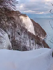 Bild - Eine winterliche Landschaft mit schneebedeckten Klippen, die ins Meer übergehen. Im Vordergrund ist ein schneebedeckter Boden und ein Baumstamm sichtbar. Der Himmel ist bewölkt, und das Wasser reflektiert das Licht, was eine ruhige, kühle Atmosphäre schafft.
