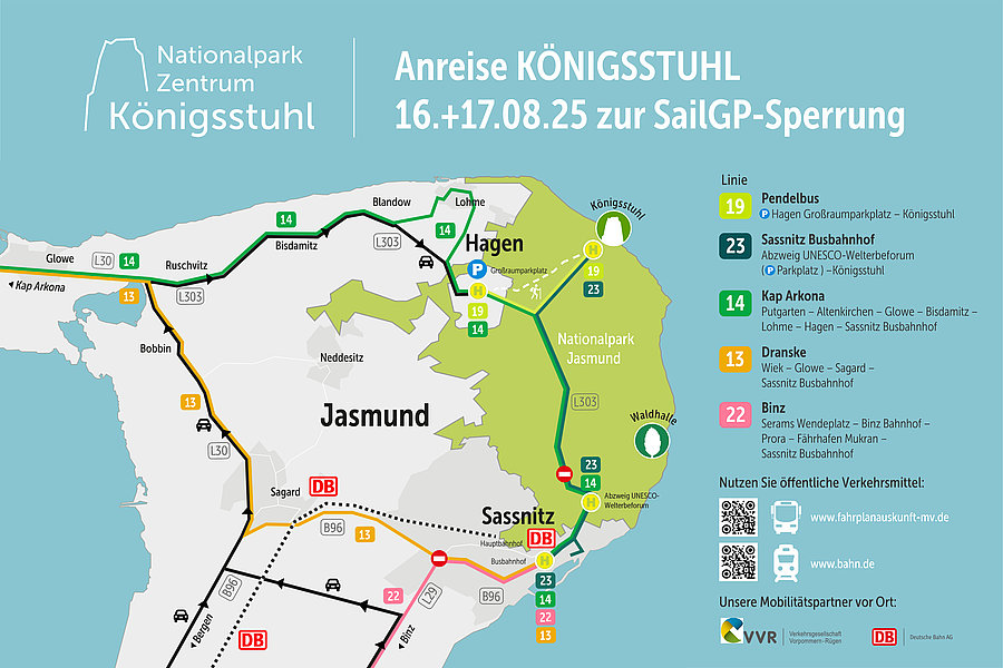 Karte zur Anreise zum Nationalparkzentrum Königsstuhl am 16. und 17. August 2025. Sie zeigt verschiedene Buslinien, Haltestellen und Routen, um den Veranstaltungstag zu erreichen, sowie wichtige Informationen zu öffentlichen Verkehrsmitteln in der Region.