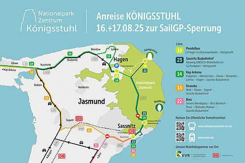 Karte zur Anreise zum Nationalparkzentrum Königsstuhl am 16. und 17. August 2025. Sie zeigt verschiedene Buslinien, Haltestellen und Routen, um den Veranstaltungstag zu erreichen, sowie wichtige Informationen zu öffentlichen Verkehrsmitteln in der Region.
