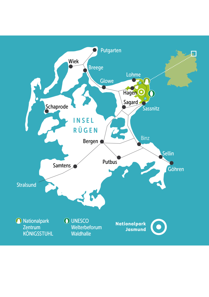 Eine einfache Karte der Insel Rügen zeigt verschiedene Orte wie Lohme, Sassnitz und Binz. Wichtige Punkte sind der Nationalpark Königstuhl und das UNESCO-Welterbe in der Nähe von Waldhölle. Die Karte ist auf einem türkisfarbenen Hintergrund dargestellt.