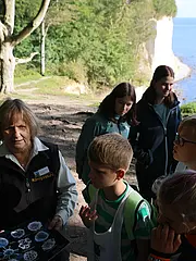 Bild - Eine Gruppenführung im Freien zeigt eine Frau, die Lernmaterialien über Mikroben hält. Sie erklärt einer Gruppe von Kindern, die aufmerksam zuhören. Im Hintergrund sind Bäume und eine Küstenlandschaft zu sehen. Ein grünes Banner mit der Aufschrift „Wildes Wäldern“ weht im Wind.