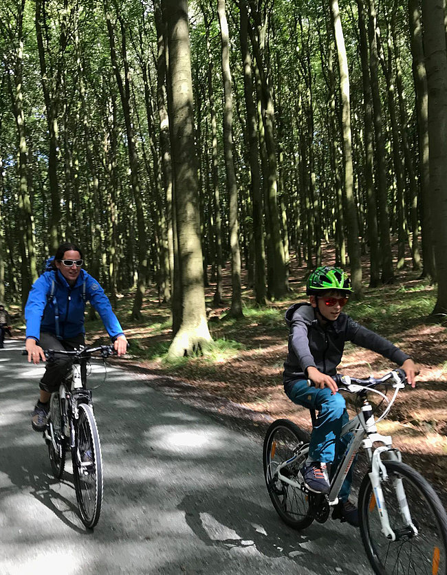 Eine Person und ein Kind fahren mit Fahrrädern auf einem Waldweg. Um sie herum stehen hohe Bäume mit grünen Blättern. Der Erwachsene trägt eine blaue Jacke und die Sonnenbrille, während das Kind einen weißen Helm mit grünen Details hat.