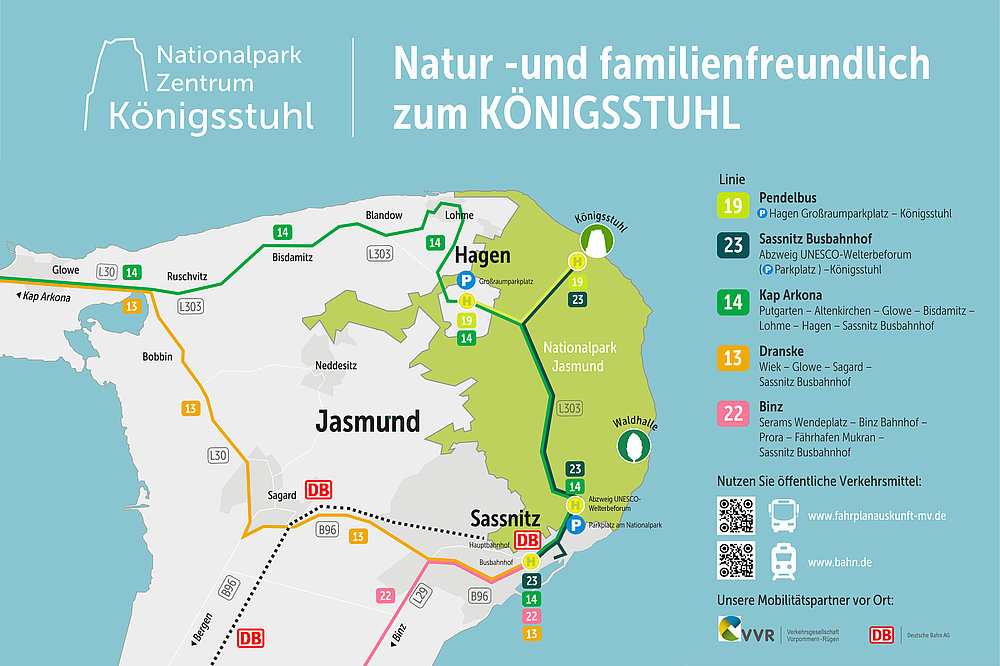 Eine Karte des Nationalparks Jasmund, die Verkehrsverbindungen zum Königsstuhl zeigt. Wichtige Haltestellen sind Hagen, Sassnitz Busbahnhof und Kap Arkona. Liniennummern sind angegeben, um den Zugang zu öffentlichen Verkehrsmitteln zu erleichtern.