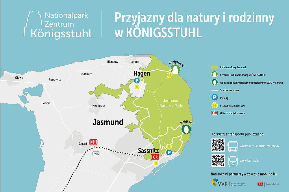 Karte des Nationalparks Zentrum Königsstuhl, die die Standorte von Jasmund, Sassnitz und Hagen zeigt. Wichtige Punkte wie Wanderwege, Parkplätze und das Besucherzentrum sind vermerkt. Die Karte betont die naturnahe Erholung für Familien und Naturfreunde.