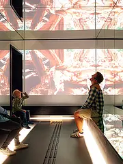 Bild - In einem modernen Ausstellungsraum sitzen mehrere Personen auf einer Bank und hören über Kopfhörer zu. Im Hintergrund sind großflächige Projektionen von Bildern zu sehen, die teilweise unscharf und lebendig sind. Die Atmosphäre ist spannend und lädt zur visuellen und akustischen Entdeckung ein.