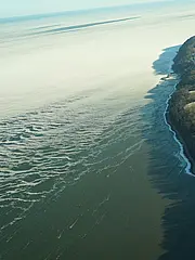 Bild - Eine Luftaufnahme zeigt eine Küstenlinie, an der sich eine Mischung aus Eis und Wasser befindet. Der Wasserlauf verläuft entlang einer bewaldeten Uferlinie, während der restliche Bereich von einer schneebedeckten Landschaft geprägt ist. Der Himmel ist klar und reflektiert Licht.